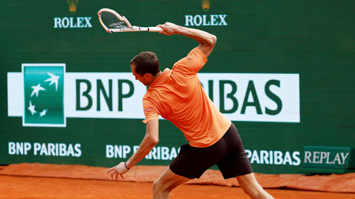 Daniil Medvedev smashes his racket at the Monte-Carlo Masters. Daniil Medvedev smashes his racket at the Monte-Carlo Masters.