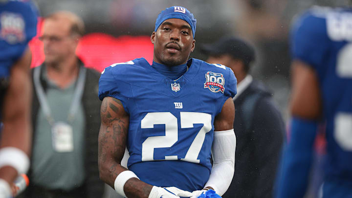 Aug 8, 2024; East Rutherford, New Jersey, USA; New York Giants safety Jason Pinnock (27) looks on before the game against the Detroit Lions at MetLife Stadium. Mandatory Credit: Vincent Carchietta-Imagn Images