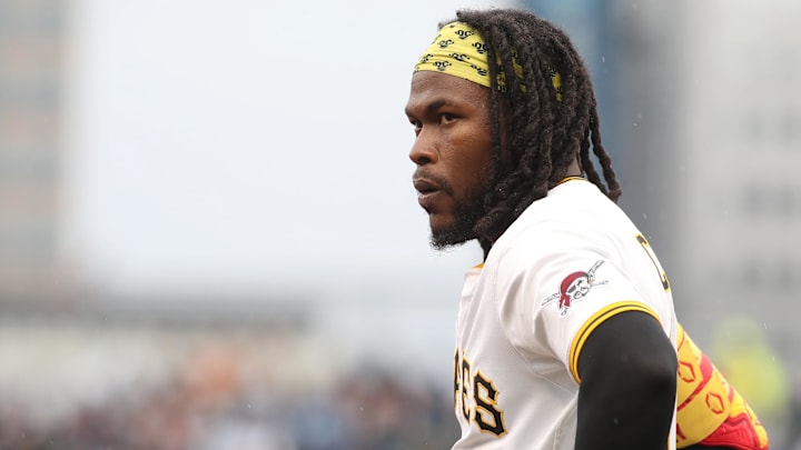 Apr 5, 2025; Pittsburgh, Pennsylvania, USA;  Pittsburgh Pirates center fielder Oneil Cruz (15) stands on third base against the New York Yankees during the fourth inning at PNC Park. Mandatory Credit: Charles LeClaire-Imagn Images