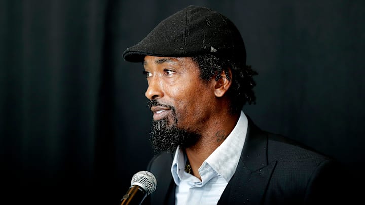Al Harris talks before his induction into the Green Bay Packers Hall of Fame on Sept. 2, 2021, at Lambeau Field in Green Bay, Wis.