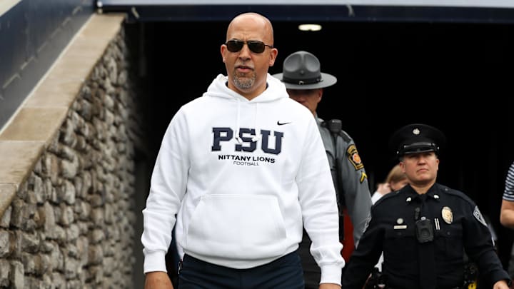 Apr 26, 2025; University Park, PA, USA; Penn State Nittany Lions head coach James Franklin prior to the Blue White spring game at Beaver Stadium. Mandatory Credit: Matthew O'Haren-Imagn Images