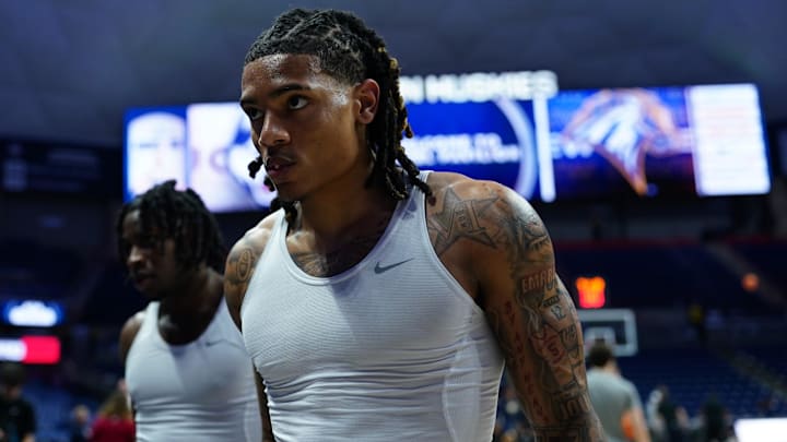 Nov 3, 2025; Storrs, Connecticut, USA; UConn Huskies guard Solo Ball (1) walks off the court after warming up before the start of the game against the  New Haven Chargers at Harry A. Gampel Pavilion. Mandatory Credit: David Butler II-Imagn Images