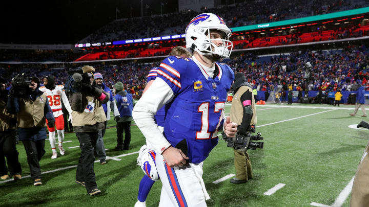 Buffalo Bills quarterback Josh Allen (17) runs off the field after a 27-24 loss to the Chiefs in the divisional round.