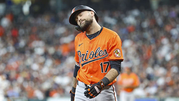 Jun 22, 2024; Houston, Texas, USA; Baltimore Orioles right fielder Colton Cowser (17) reacts after striking out during the second inning against the Houston Astros at Minute Maid Park. Mandatory Credit: Troy Taormina-Imagn Images Jun 22, 2024; Houston, Texas, USA; Baltimore Orioles right fielder Colton Cowser (17) reacts after striking out during the second inning against the Houston Astros at Minute Maid Park. Mandatory Credit: Troy Taormina-Imagn Images