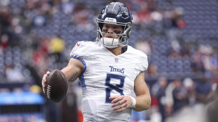Dec 31, 2023; Houston, Texas, USA; Tennessee Titans quarterback Will Levis (8) before the game against the Houston Texans at NRG Stadium.