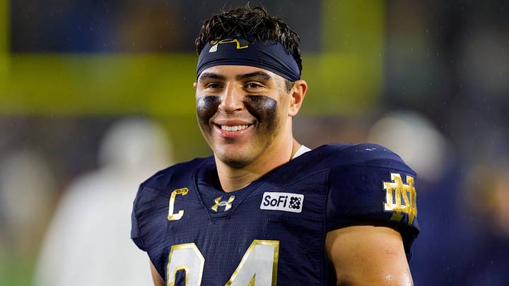 Notre Dame linebacker Drayk Bowen smiles after winning a NCAA football game 27-10 against Michigan State at Notre Dame Stadium on Saturday, Sept. 19, 2026, in South Bend. Notre Dame linebacker Drayk Bowen smiles after winning a NCAA football game 27-10 against Michigan State at Notre Dame Stadium on Saturday, Sept. 19, 2026, in South Bend.