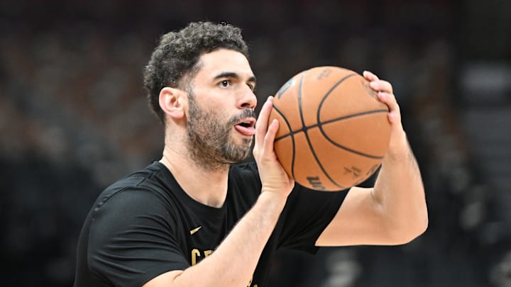 Jan 1, 2024; Toronto, Ontario, CAN; Cleveland Cavaliers forward Georges Niang (20) warms up before playing the Toronto Raptors at Scotiabank Arena. Mandatory Credit: Dan Hamilton-Imagn Images