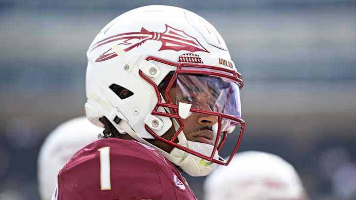 Sep 20, 2025; Tallahassee, Florida, USA; Florida State Seminoles quarterback Thomas Castellanos (0) before the game against the Kent State Golden Flashes at Doak S. Campbell Stadium. Mandatory Credit: Melina Myers-Imagn Images