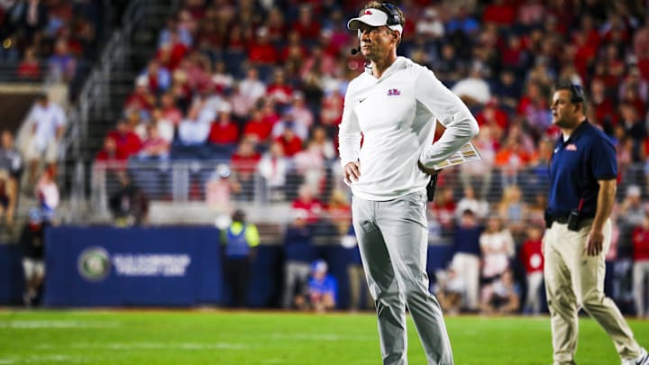 Nov 15, 2025; Oxford, Mississippi, USA; Mississippi Rebels head coach Lane Kiffin reacts to a play against the Florida Gators during the first half at Vaught-Hemingway Stadium. Mandatory Credit: Petre Thomas-Imagn Images