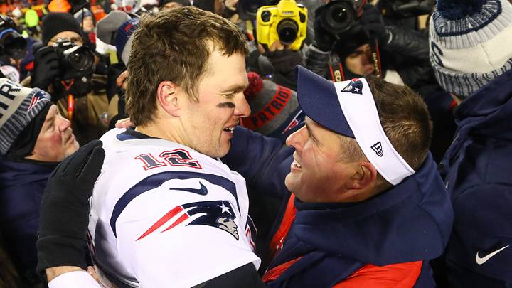 Jan 20, 2019; Kansas City, MO, USA; New England Patriots quarterback Tom Brady (12) celebrates with offensive coordinator Josh McDaniels after the AFC Championship game against the Kansas City Chiefs at Arrowhead Stadium. Mandatory Credit: Jay Biggerstaff-USA TODAY Sports
