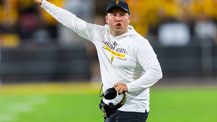 Oct 10, 2026; Tempe, Arizona, USA; Arizona State Sun Devils head coach Kenny Dillingham faces the Hawaii Rainbow Warriors at Mountain America Stadium. 