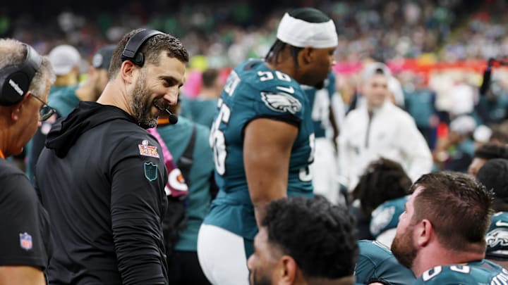 Feb 9, 2025; New Orleans, LA, USA; Philadelphia Eagles head coach Nick Sirianni reacts as he talks with players during the second half of Super Bowl LIX at Caesars Superdome.