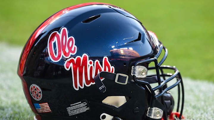 Oct 16, 2021; Knoxville, Tennessee, USA; Mississippi Rebels helmet on the field before a game