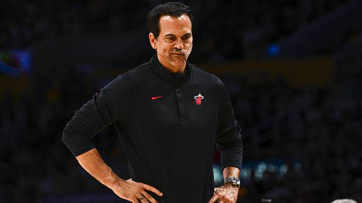 Miami Heat Head Coach Erik Spoelstra reacts  (Mandatory Credit: Jonathan Hui-Imagn Images)