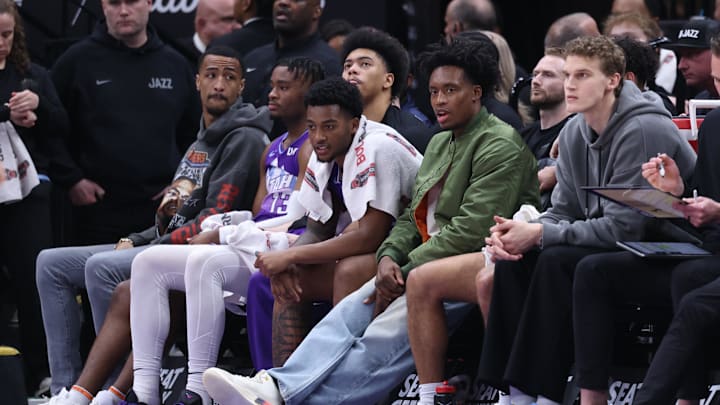 Feb 24, 2025; Salt Lake City, Utah, USA; The Utah Jazz bench with several players in street clothes watch the game against the Portland Trail Blazers during the second half at Delta Center. Mandatory Credit: Rob Gray-Imagn Images