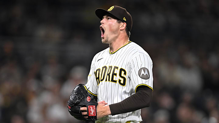 Apr 9, 2026; San Diego, California, USA; San Diego Padres relief pitcher Mason Miller (22) reacts after pitching in the ninth inning against the Colorado Rockies at Petco Park. Mandatory Credit: Denis Poroy-Imagn Images