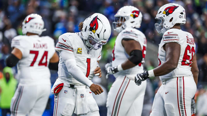Nov 24, 2024; Seattle, Washington, USA; Arizona Cardinals quarterback Kyler Murray (1) reacts following a third down play against the Seattle Seahawks during the fourth quarter at Lumen Field. Mandatory Credit: Joe Nicholson-Imagn Images