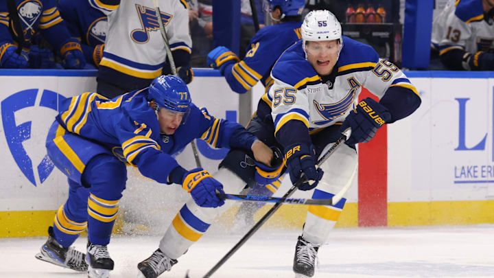 Nov 14, 2024; Buffalo, New York, USA;  St. Louis Blues defenseman Colton Parayko (55) makes a pass as Buffalo Sabres right wing JJ Peterka (77) defends during the third period at KeyBank Center. Mandatory Credit: Timothy T. Ludwig-Imagn Images
