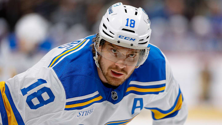 Apr 5, 2026; Denver, Colorado, USA; St. Louis Blues center Robert Thomas (18) in the third period against the Colorado Avalanche at Ball Arena. Mandatory Credit: Isaiah J. Downing-Imagn Images