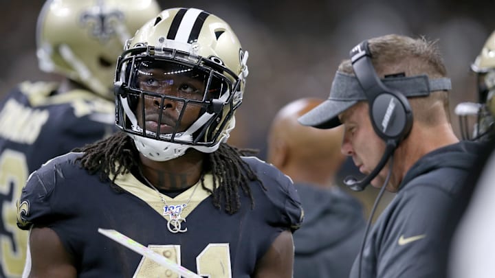 Oct 6, 2019; New Orleans, LA, USA; New Orleans Saints running back Alvin Kamara (41) and head coach Sean Payton confer during a timeout in the second half against the Tampa Bay Buccaneers at the Mercedes-Benz Superdome. Mandatory Credit: Chuck Cook-Imagn Images
