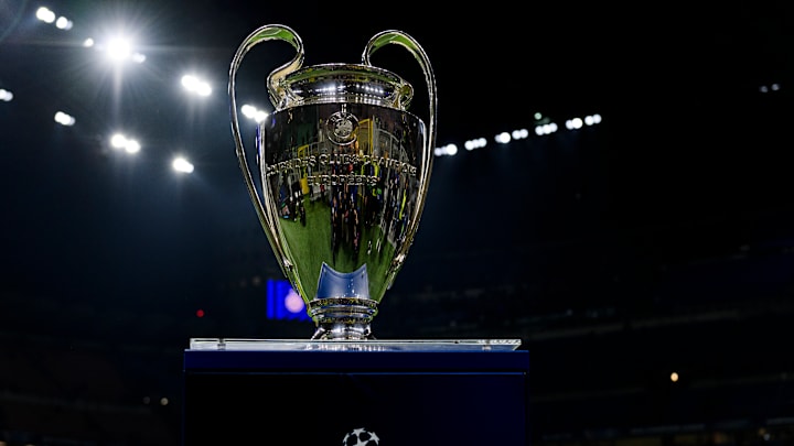 The Champions League trophy is seen prior the UEFA Champions...