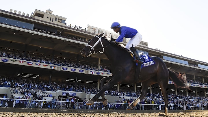 Nov 1, 2024; Del Mar, CA, USA; Immersive ridden by Manuel Franco wins the Juvenile Fillies during the 2024 Breeders' Cup Championship at Del Mar Thoroughbred Club. 