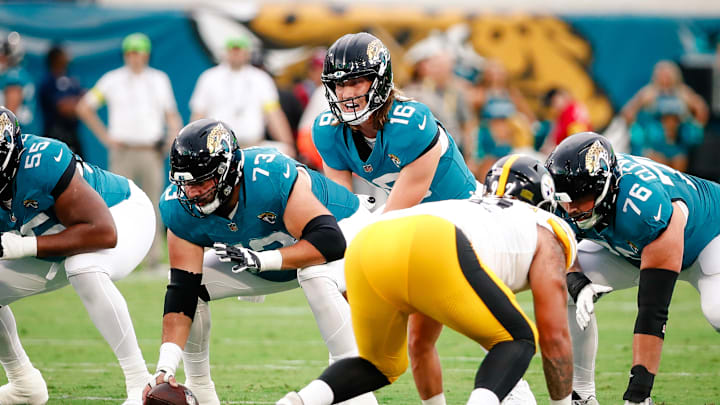 Aug 9, 2025; Jacksonville, Florida, USA; Jacksonville Jaguars quarterback Trevor Lawrence (16) lines up under center against the Pittsburgh Steelers during a preseason game at EverBank Stadium. Mandatory Credit: Travis Register-Imagn Images