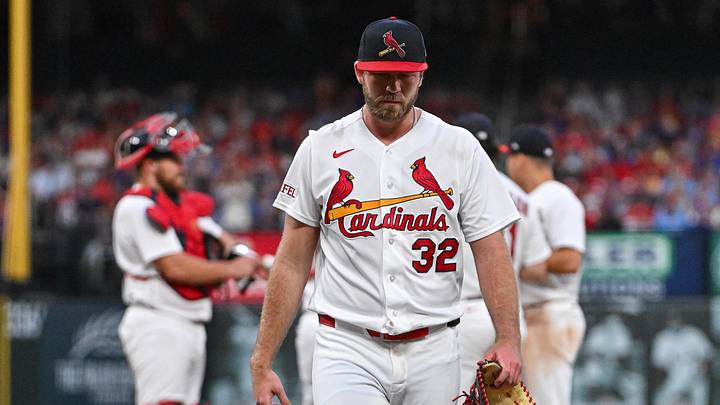 May 31, 2026; St. Louis, Missouri, USA; St. Louis Cardinals starting pitcher Matthew Liberatore (32) walks off the field after he was removed from the game against the Chicago Cubs during the sixth inning at Busch Stadium. Mandatory Credit: Jeff Curry-Imagn Images