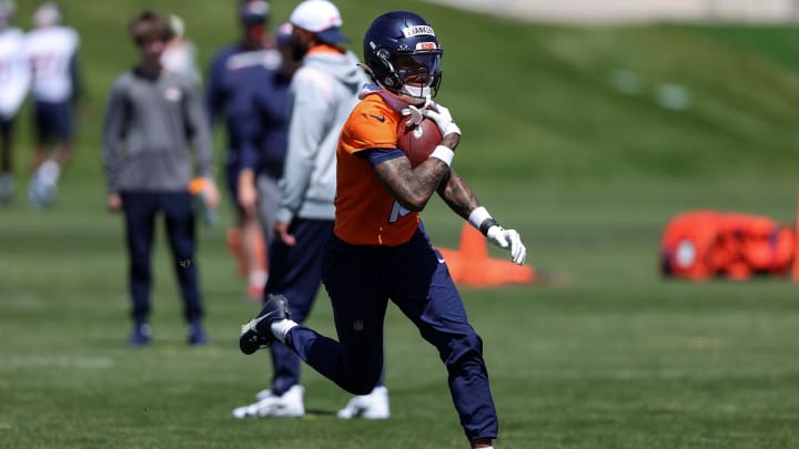 May 23, 2024; Englewood, CO, USA; Denver Broncos wide receiver Troy Franklin (16) during organized team activities at Centura Health Training Center. Mandatory Credit: Isaiah J. Downing-USA TODAY Sports