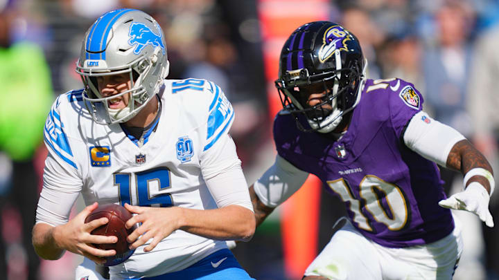 Baltimore Ravens cornerback Arthur Maulet (10) sacks Detroit Lions quarterback Jared Goff (16) in the first quarter at M&T Bank Stadium.