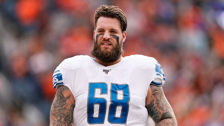 Dec 22, 2019; Denver, Colorado, USA; Detroit Lions offensive tackle Taylor Decker (68) before the game against the Denver Broncos at Empower Field at Mile High. Mandatory Credit: Isaiah J. Downing-Imagn Images