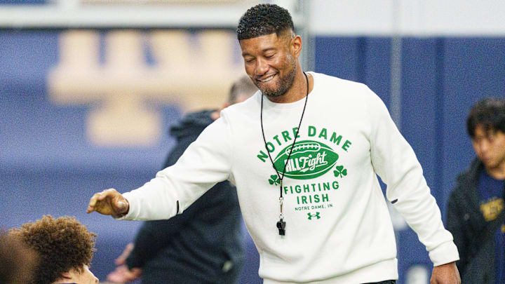 Head coach Marcus Freeman greets players during a Notre Dame football practice at Irish Athletic Center on Saturday, April 18, 2026, in South Bend.
