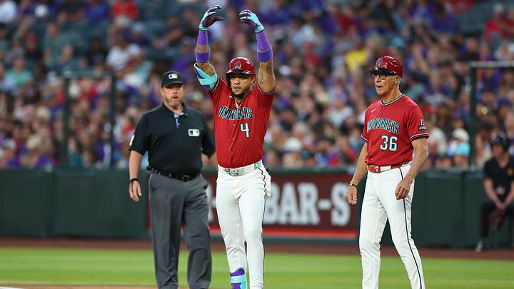 May 23, 2026; Phoenix, Arizona, USA; Arizona Diamondbacks second baseman Ketel Marte (4) reacts near first base coach Dave McKay (36) after hitting a single against the Colorado Rockies during the first inning at Chase Field. Mandatory Credit: Anna Carrington-Imagn Images May 23, 2026; Phoenix, Arizona, USA; Arizona Diamondbacks second baseman Ketel Marte (4) reacts near first base coach Dave McKay (36) after hitting a single against the Colorado Rockies during the first inning at Chase Field. Mandatory Credit: Anna Carrington-Imagn Images