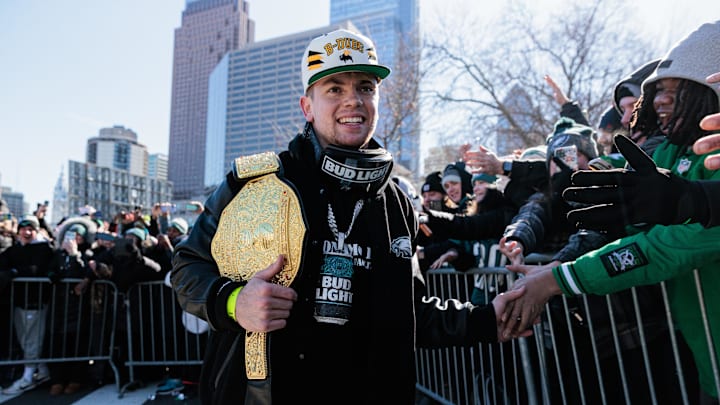 Feb 14, 2025; Philadelphia, PA, USA; Philadelphia Eagles cornerback Cooper DeJean (33) celebrates during the Super Bowl LIX championship parade and rally. Mandatory Credit: Caean Couto-Imagn Images