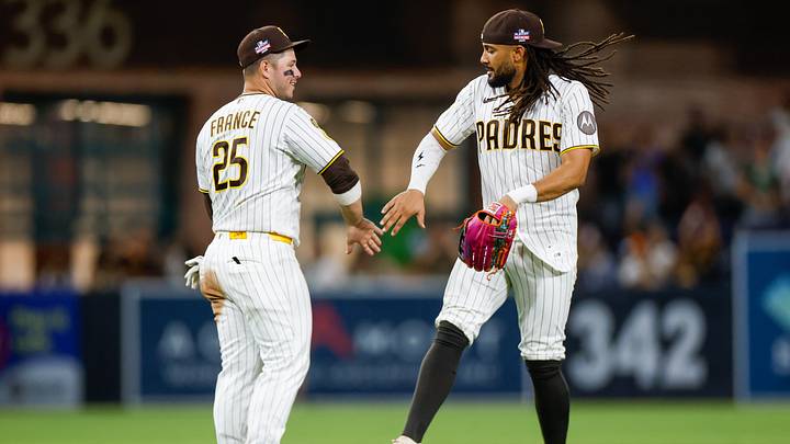 Aug 22, 2026; San Diego, California, USA; San Diego Padres right fielder Fernando Tatis Jr. (23) celebrates with first baseman Ty France (25) after defeating the Minnesota Twins in the ninth inning at Petco Park. Mandatory Credit: David Frerker-Imagn Images Aug 22, 2026; San Diego, California, USA; San Diego Padres right fielder Fernando Tatis Jr. (23) celebrates with first baseman Ty France (25) after defeating the Minnesota Twins in the ninth inning at Petco Park. Mandatory Credit: David Frerker-Imagn Images