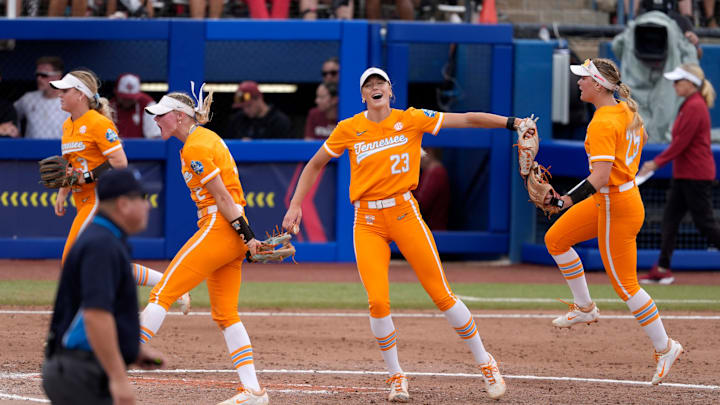 Tennessee's Karlyn Pickens (23) celebrates after an inning in a Women's College World Series softball game between the Oklahoma Sooners (OU) and the Tennessee Volunteers at Devon Park in Oklahoma City, Thursday, May 29, 2025.