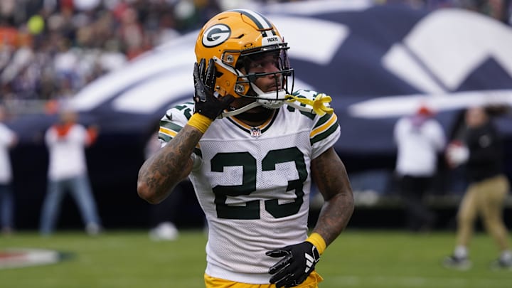 Nov 17, 2024; Chicago, Illinois, USA; Green Bay Packers cornerback Jaire Alexander (23) gestures to the fans before the game against the Chicago Bears at Soldier Field. Mandatory Credit: David Banks-Imagn Images