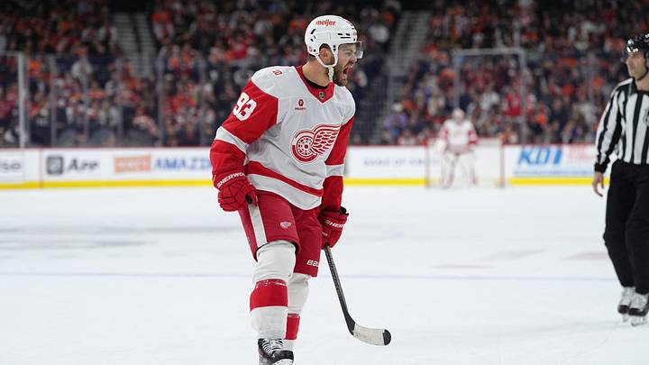 Apr 2, 2026; Philadelphia, Pennsylvania, USA; Detroit Red Wings right wing Alex Debrincat (93) reacts after scoring a goal against the Philadelphia Flyers in the first period at Xfinity Mobile Arena. Mandatory Credit: Kyle Ross-Imagn Images Apr 2, 2026; Philadelphia, Pennsylvania, USA; Detroit Red Wings right wing Alex Debrincat (93) reacts after scoring a goal against the Philadelphia Flyers in the first period at Xfinity Mobile Arena. Mandatory Credit: Kyle Ross-Imagn Images