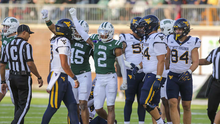 Sep 6, 2025; Athens, Ohio, USA; Ohio Bobcats safety DJ Walker (2) celebrates a defensive stop during the third quarter against the West Virginia Mountaineers at Peden Stadium. Mandatory Credit: Ben Queen-Imagn Images