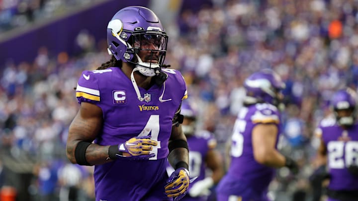Jan 15, 2023; Minneapolis, Minnesota, USA; Minnesota Vikings running back Dalvin Cook (4) runs on the field during warmups before a wild card game against the New York Giants at U.S. Bank Stadium. Mandatory Credit: Matt Krohn-Imagn Images