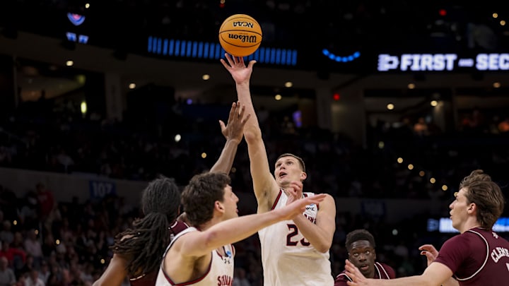 Mar 19, 2026; Oklahoma City, OK, USA; Saint Mary's (CA) Gaels forward Paulius Murauskas (23) takes a shot during a first round game of the men's 2026 NCAA Tournament at Paycom Center. Mandatory Credit: William Purnell-Imagn Images