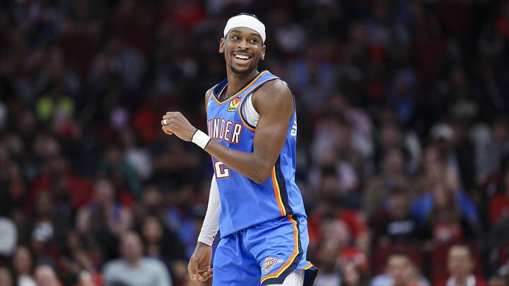 Dec 1, 2024; Houston, Texas, USA; Oklahoma City Thunder guard Shai Gilgeous-Alexander (2) reacts after scoring a basket during the first quarter against the Houston Rockets at Toyota Center. Mandatory Credit: Troy Taormina-Imagn Images