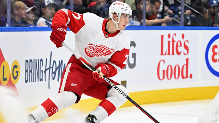 Oct 5, 2023; Toronto, Ontario, CAN; Detroit Red Wings defenseman Simon Edvinsson (77) skates with
