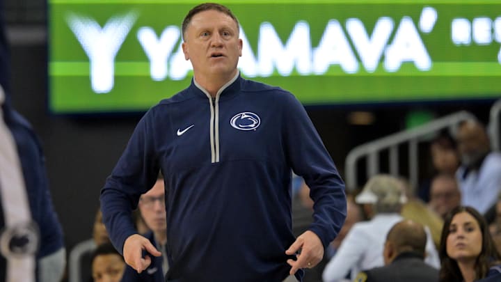 Penn State Nittany Lions head coach Mike Rhoades looks on in the second half against the UCLA Bruins at Pauley Pavilion.