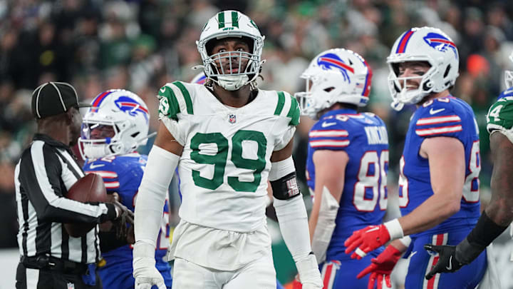 Oct 14, 2024; East Rutherford, New Jersey, USA; New York Jets defensive end Will McDonald IV (99) reacts during the second half against the Buffalo Bills at MetLife Stadium.