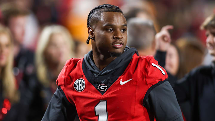 Nov 16, 2024; Athens, Georgia, USA; Georgia Bulldogs running back Trevor Etienne (1) before a game against the Tennessee Volunteers at Sanford Stadium. Mandatory Credit: Brett Davis-Imagn Images
Nov 16, 2024; Athens, Georgia, USA; Georgia Bulldogs running back Trevor Etienne (1) before a game against the Tennessee Volunteers at Sanford Stadium. Mandatory Credit: Brett Davis-Imagn Images