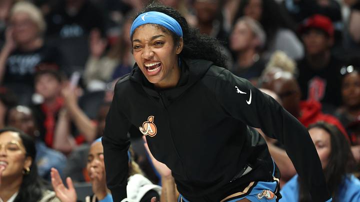 May 29, 2026; Portland, Oregon, USA;  Atlanta Dream forward Angel Reese (5) reacts after a teammate scores during the second half against the Portland Fire at Moda Center. Mandatory Credit: Jaime Valdez-Imagn Images