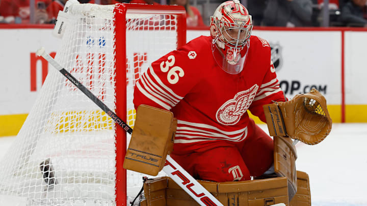 Oct 9, 2025; Detroit, Michigan, USA;  Detroit Red Wings goaltender John Gibson (36) tends goal in the first period  against the Montréal Canadiens at Little Caesars Arena. Mandatory Credit: Rick Osentoski-Imagn Images