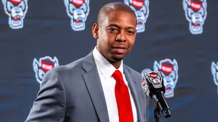 NC State men's basketball coach Justin Gainey speaks at his introductory press conference in the Lenovo Center on April 1, 2026. NC State men's basketball coach Justin Gainey speaks at his introductory press conference in the Lenovo Center on April 1, 2026.