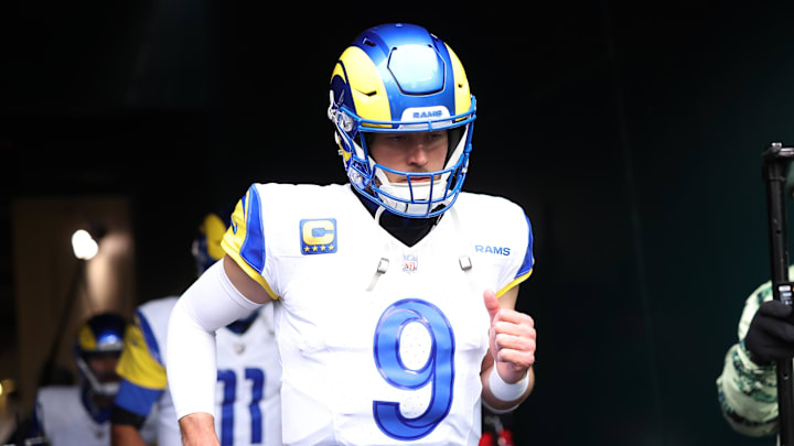 Jan 19, 2025; Philadelphia, Pennsylvania, USA; Los Angeles Rams quarterback Matthew Stafford (9) runs onto the field prior to the game against the Philadelphia Eagles in a 2025 NFC divisional round game at Lincoln Financial Field. Mandatory Credit: Bill Streicher-Imagn Images
